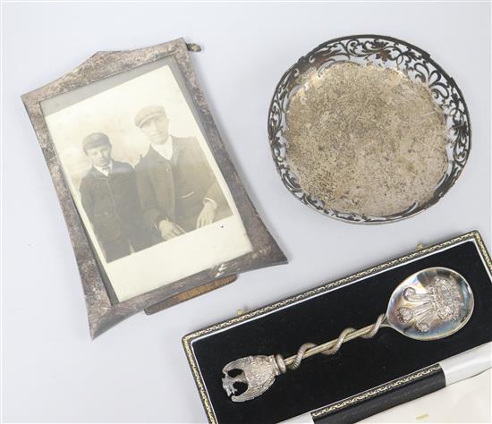 Silver spoon, dish and photo frame.